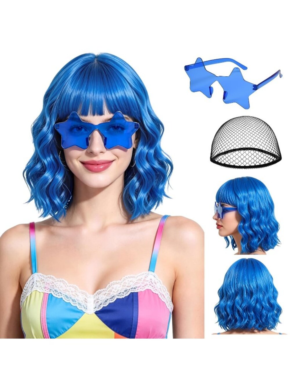 Women's Sky Blue Short Wavy Bob Bangs 15.7 Inch Heat Resistant Synthetic Wig